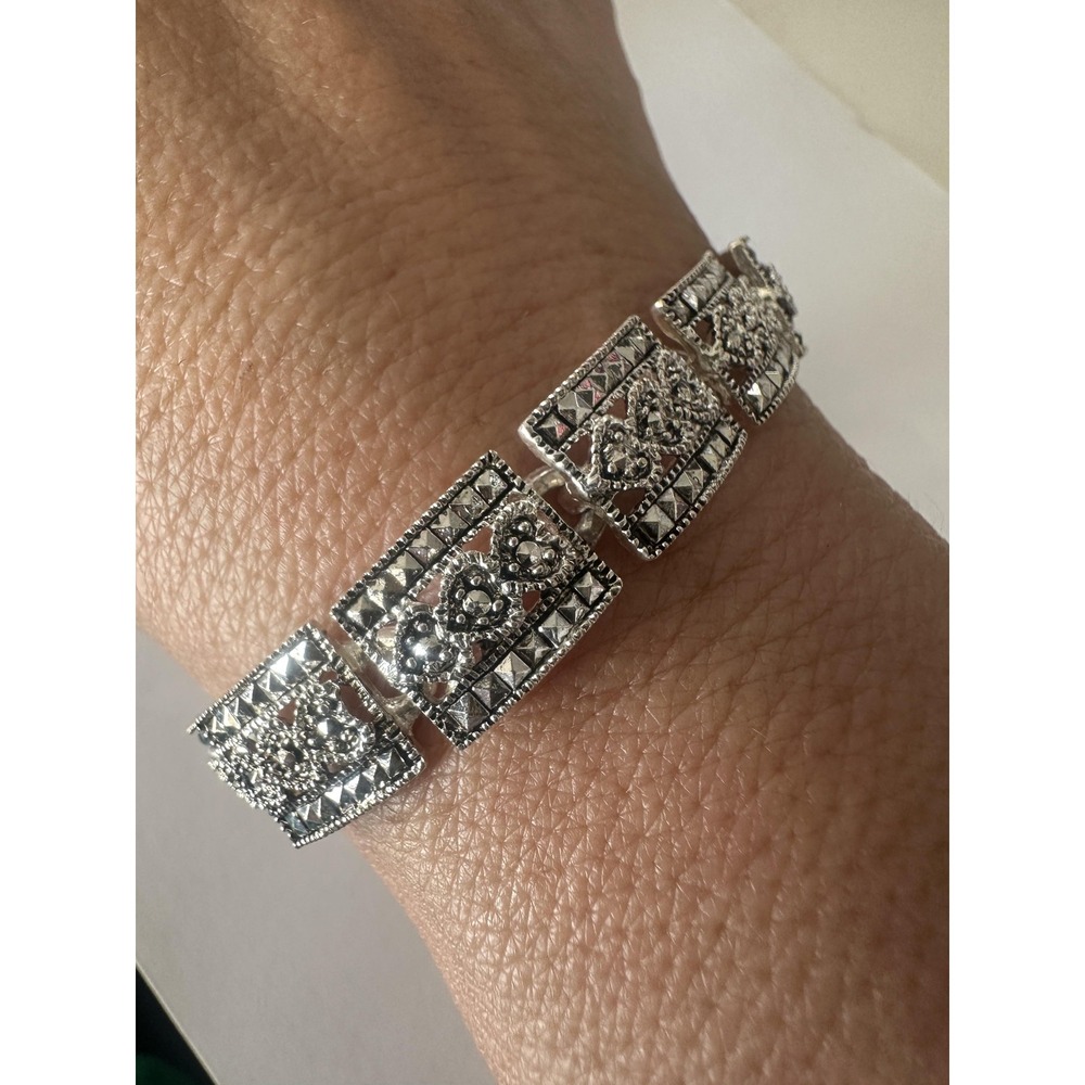 Silver Tone Marcasite Rhinestone Heart Panel Chain Bracelet 7.5 Inch Box Clasp